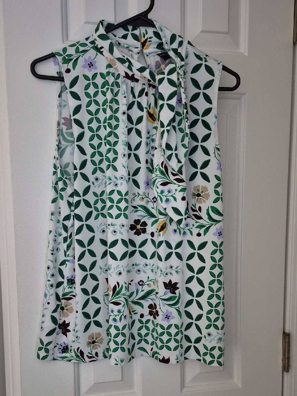 Ann Taylor White Blouse with Green and Lavender Floral Print